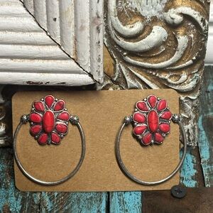 Silver and Red Floral Hoop Earrings